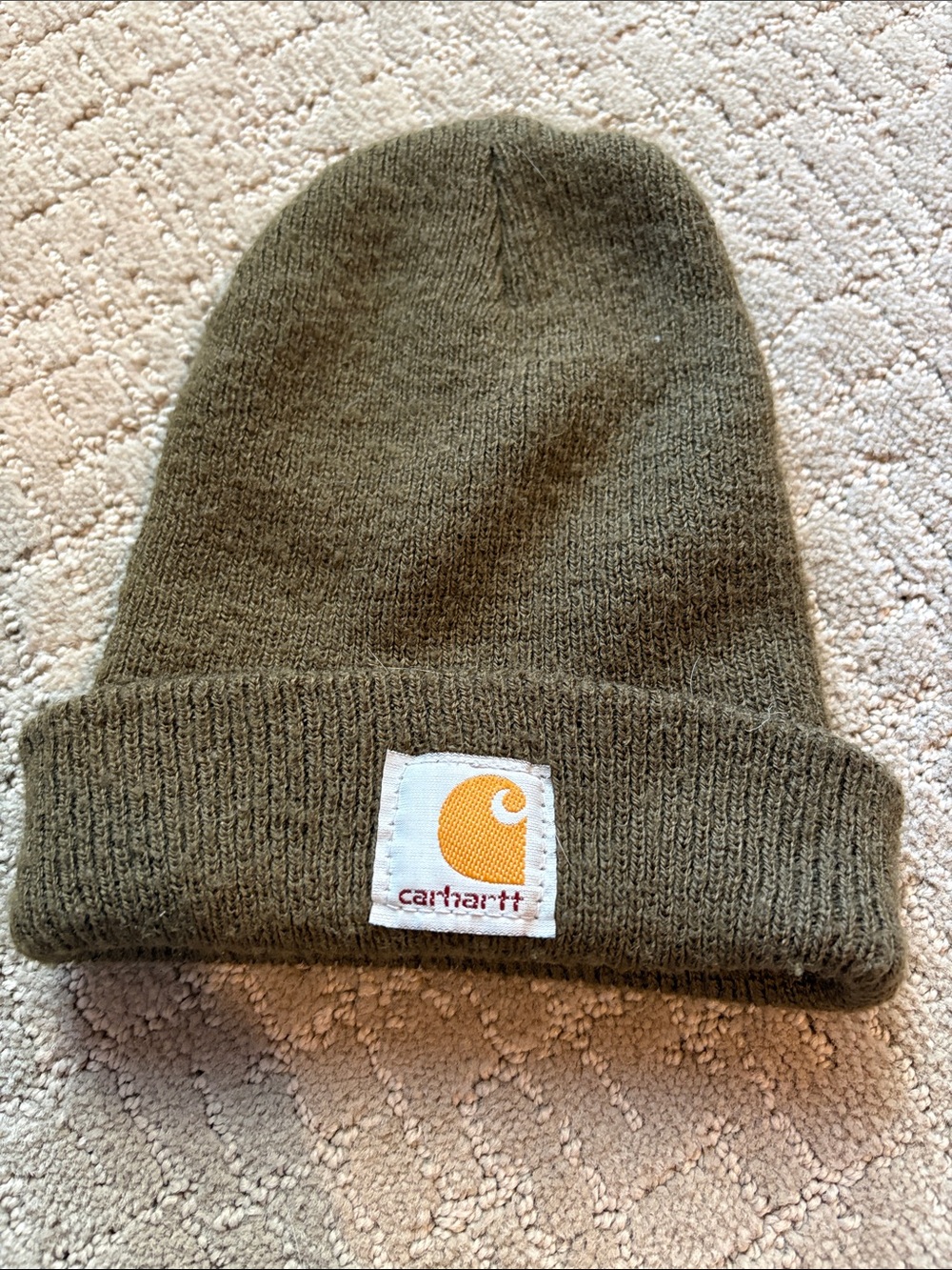 Carhartt Kids Olive Green Cuffed Knit Beanie with Logo Patch
